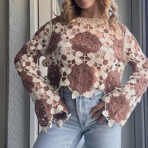 Chic Crochet Lace Blouse in Brown and Cream